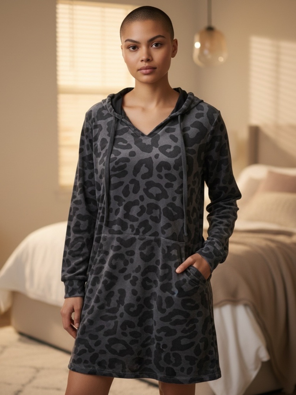 Torrid 2 Charcoal Velour Leopard Hooded Sleep Dress 2X